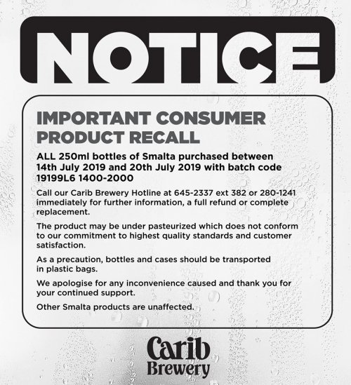 Recall Carib Smalta Trinidad